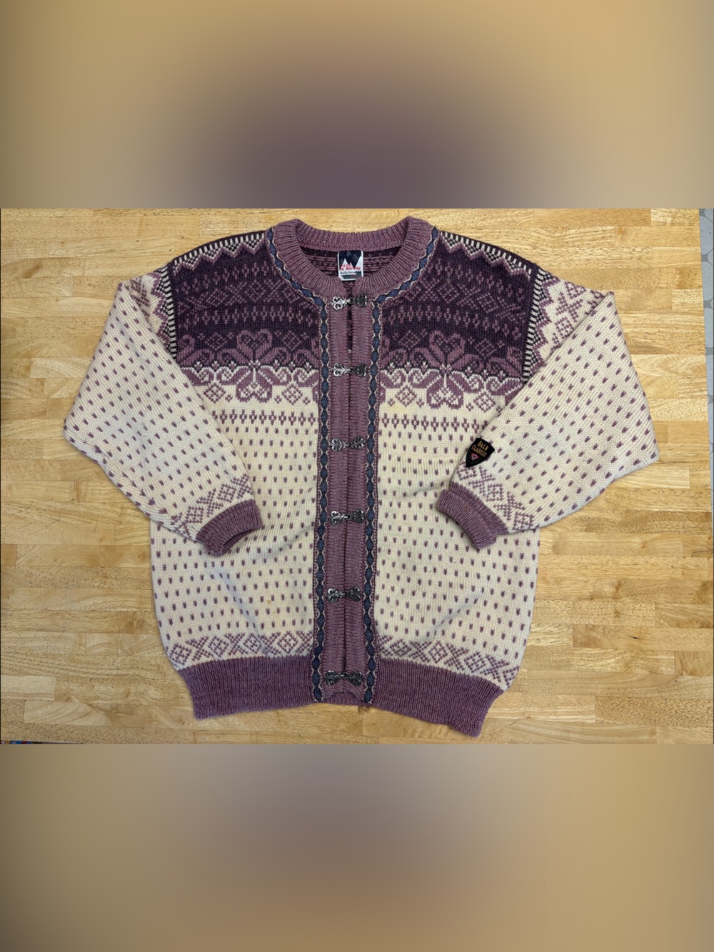 Vintage Dale of Norway Classic Wool Fair Isle Pewter Clasp Cardigan Purple L